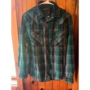 Helix Mens Plaid Western Shirt Green Gray Long Sleeve Button Up‎ Medium